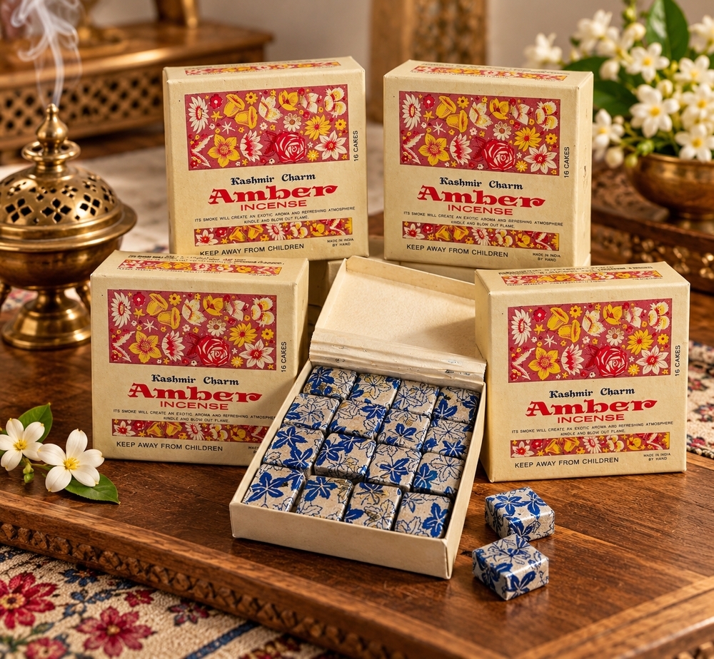 Kashmir Charm Amber Incense 16 Cakes 5 Box Lot 80 Total Vintage India Handmade